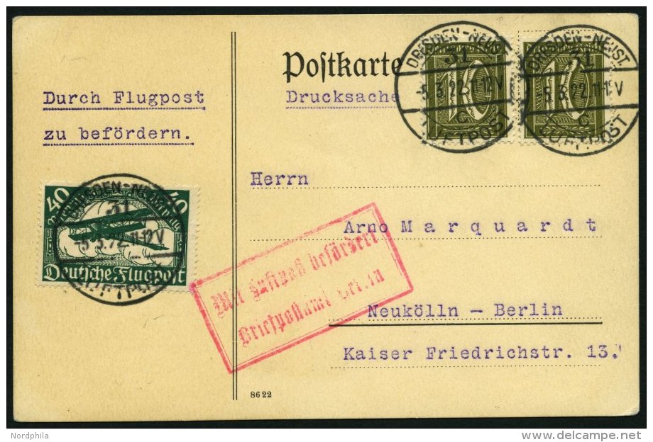 SP&Auml;TERE FL&Uuml;GE (SPF) 21.3.02 BRIEF, 5.3.1922, Dresden-Berlin, Prachtkarte - Flugzeuge