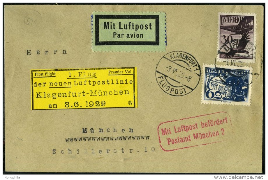 ERST-UND ER&Ouml;FFNUNGSFL&Uuml;GE 29.18.03 BRIEF, 3.6.1929, Klagenfurt-M&uuml;nchen, Prachtbrief - Zeppeline