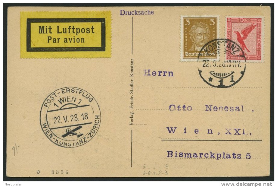 ERST-UND ER&Ouml;FFNUNGSFL&Uuml;GE 28.32.08 BRIEF, 22.5.1928, Konstanz-Wien, Prachtkarte - Zeppelins