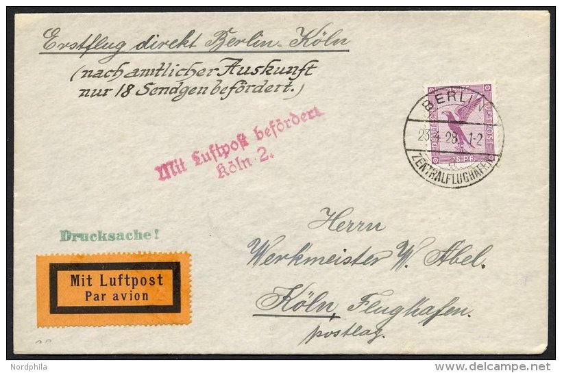 ERST-UND ER&Ouml;FFNUNGSFL&Uuml;GE 28.11.01 BRIEF, 23.4.1928, Berlin-K&ouml;ln, Prachtbrief, R! - Zeppeline