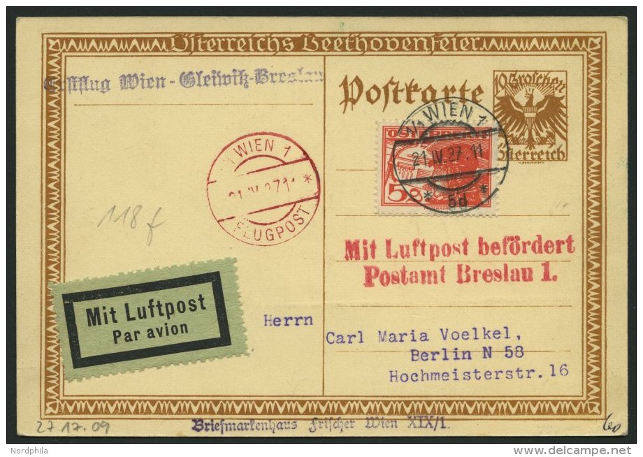 ERST-UND ER&Ouml;FFNUNGSFL&Uuml;GE 27.17.09 BRIEF, 21.4.1927, Wien-Breslau, Prachtkarte - Zeppeline