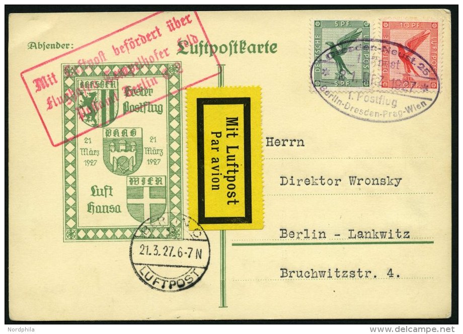 ERST-UND ER&Ouml;FFNUNGSFL&Uuml;GE 27.1.12 BRIEF, 21.3.1927, Dresden-Berlin, Sonderkarte, Feinst - Zeppelines