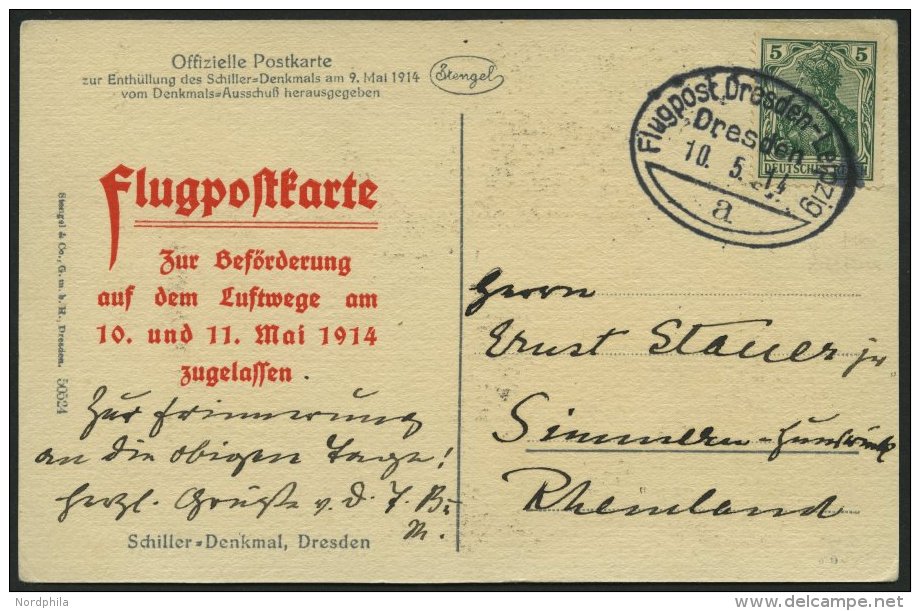 PIONIERFLUGPOST 1909-1914 25/01 BRIEF, 10.5.1914, Dresden-Leipzig, Sonderstempel, Karte Nr. 50524, Pracht - Luft- Und Zeppelinpost
