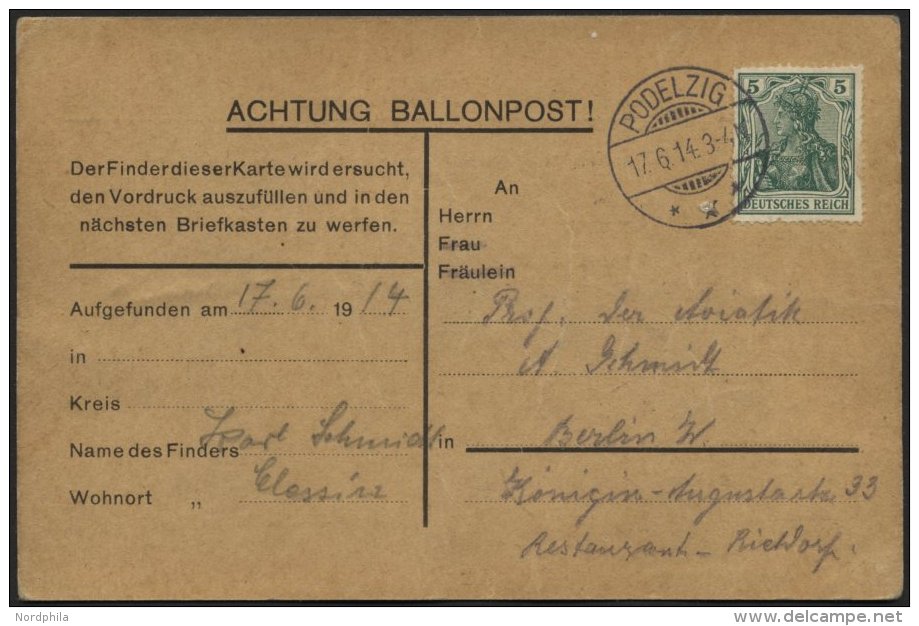 BALLON-FAHRTEN 1897-1916 17.6.1914, Berliner Verein F&uuml;r Luftschiffahrt, Abwurf Vom Ballon LILIENTHAL Und Fundvermer - Fesselballons