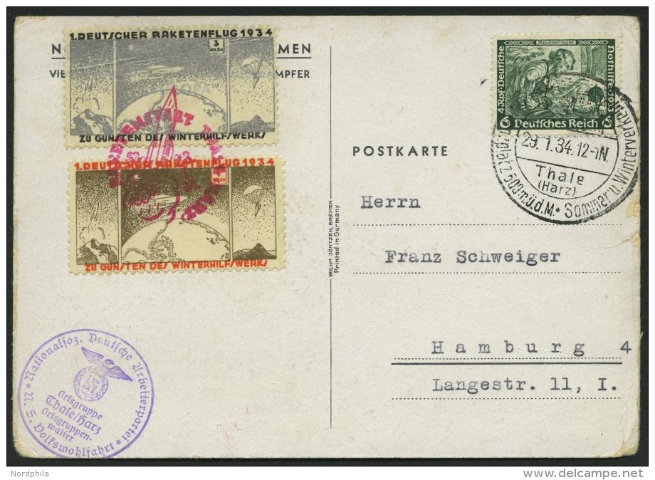 RAKETENPOST 6C2a BRIEF, 28.1.1934, Raketenflug Aus Thale, Frankiert Vorderseitig Mit 2 Raketenmarken Und 6 Pf. Wagner So - Correo Aéreo & Zeppelin