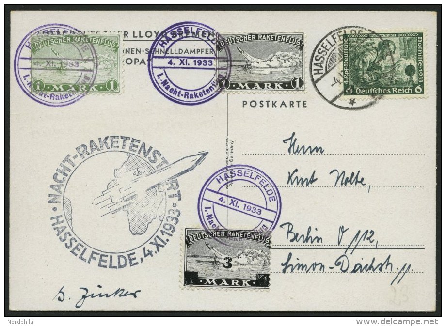 RAKETENPOST 3C1a BRIEF, 4.11.1933, Raketen-Nachtflug Aus Hasselfelde, Frankiert Mit 3 Raketenmarken (u.a. 3 Mark Auf 1 M - Correo Aéreo & Zeppelin