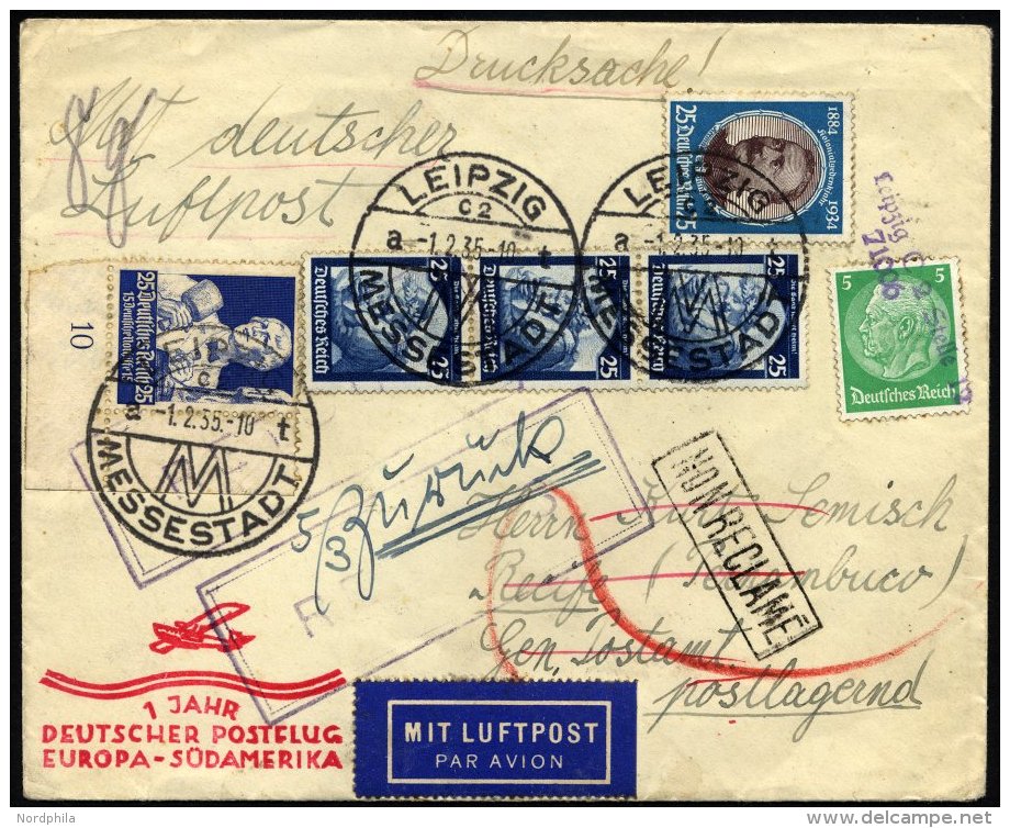 KATAPULTPOST 356 BRIEF, 2.2.1935, 1 Jahr Deutscher Postflug, Roter Sonderstempel, Drucksache Mit Guter Frankatur (u.a. N - Briefe U. Dokumente