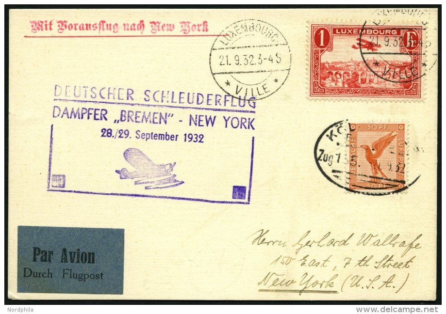 KATAPULTPOST 110Lu BRIEF, Luxemburg: 28.9.1932, Bremen - New York, Zweil&auml;nderfrankatur, Bahnpoststempel K&Ouml;LN, - Lettres & Documents