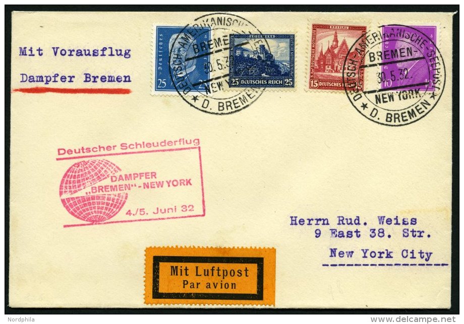 KATAPULTPOST 83b BRIEF, 5.6.1932, &amp;quot,Bremen&amp;quot, - New York, Seepostaufgabe, Frankiert U.a. Mit Mi.Nr. 461, - Briefe U. Dokumente