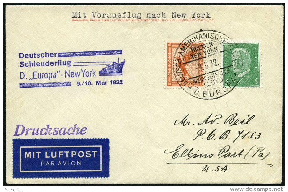 KATAPULTPOST 77b BRIEF, 9.5.1932, &amp;quot,Europa&amp;quot, - New York, Seepostaufgabe, Drucksache, Prachtbrief - Briefe U. Dokumente