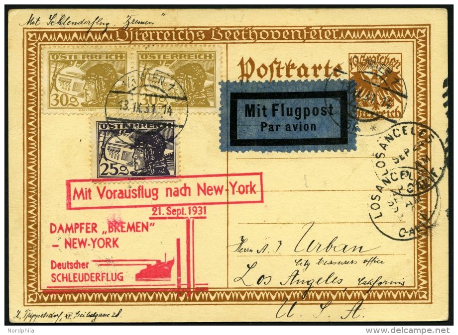 KATAPULTPOST 72Au BRIEF, &Ouml;sterreich: 21.9.1931, Bremen - New York, Auf 10 Gr. Ganzsachenkarte, Karte Feinst, RR!, N - Briefe U. Dokumente