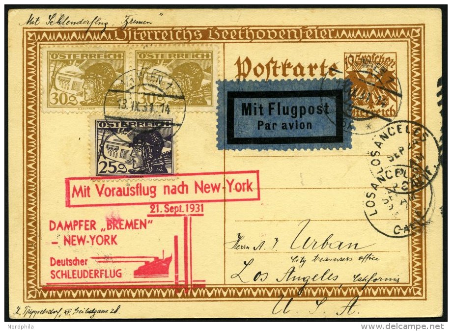 KATAPULTPOST 72Au BRIEF, &Ouml;sterreich: 21.9.1931, Bremen - New York, Auf 10 Gr. Ganzsachenkarte, Karte Feinst, RR!, N - Cartas & Documentos