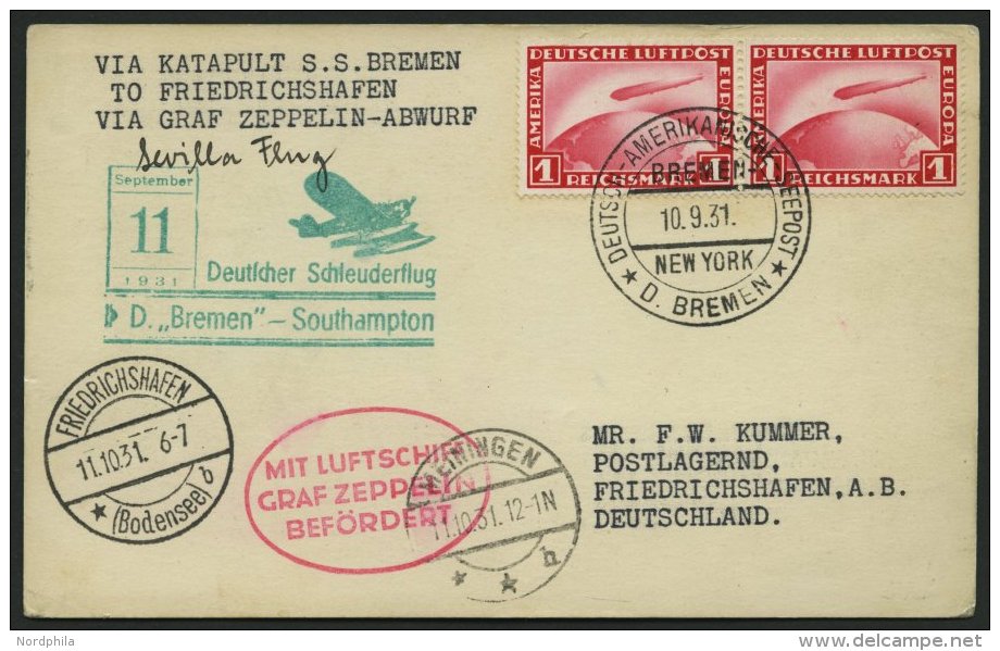 KATAPULTPOST 70c BRIEF, 11.9.1931, Bremen-Southampton, Deutsche Seepostaufgabe, Zulieferkarte Zur Fahrt Nach Meinigen, F - Luft- Und Zeppelinpost
