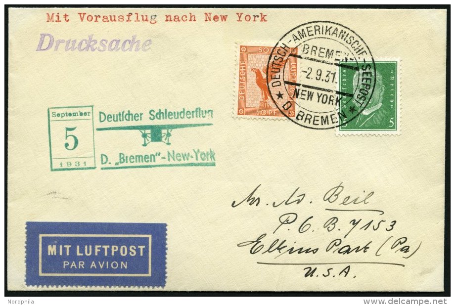 KATAPULTPOST 68b BRIEF, 4.9.1931, &amp;quot,Bremen&amp;quot, - New York, Seepostaufgabe, Drucksache, Prachtbrief - Briefe U. Dokumente