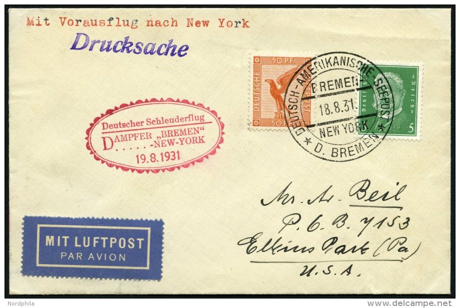 KATAPULTPOST 64b BRIEF, 18.8.1931, &amp;quot,Bremen&amp;quot, - New York, Seepostaufgabe, Drucksache, Prachtbrief - Briefe U. Dokumente