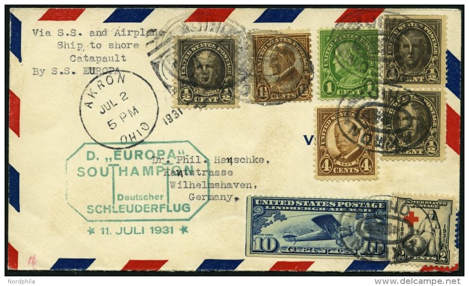 KATAPULTPOST 56a BRIEF, 11.7.1931, &amp;quot,Europa&amp;quot, - Southampton, US-Landpostaufgabe, Prachtbrief - Briefe U. Dokumente