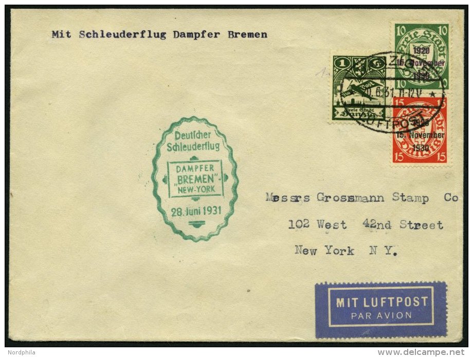 KATAPULTPOST 52Dz BRIEF, Danzig: 28.6.1931, Bremen - New York, Frankiert U.a. Mit Mi.Nr. 230, Prachtbrief, RR! - Briefe U. Dokumente