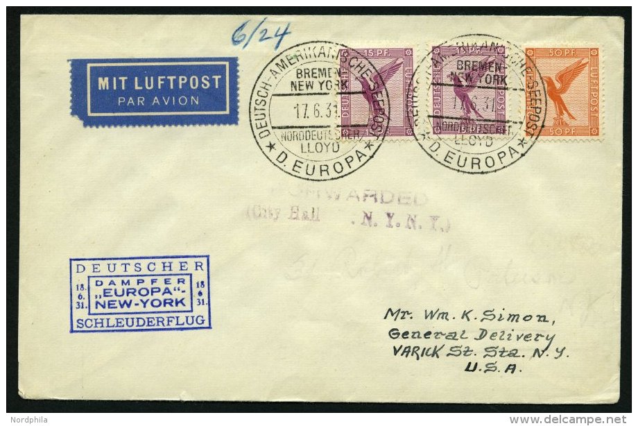 KATAPULTPOST 50b BRIEF, 18.6.1931, Europa - New York, Seepostaufgabe, Prachtbrief - Briefe U. Dokumente
