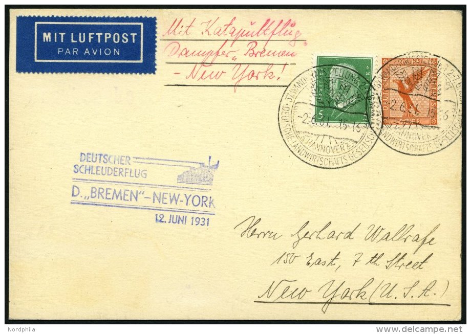 KATAPULTPOST 48b BRIEF, 12.6.1931, Bremen - New York, Seepostaufgabe, Prachtkarte - Cartas & Documentos