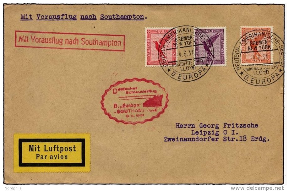 KATAPULTPOST 47c BRIEF, 8.6.1931, Europa - Southampton, Deutsche Seepostaufgabe, Prachtbrief - Briefe U. Dokumente