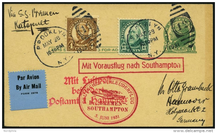 KATAPULTPOST 46a BRIEF, 3.6.1931, Bremen - Southampton, US-Landpostaufgabe, Prachtkarte In Die Schweiz - Briefe U. Dokumente