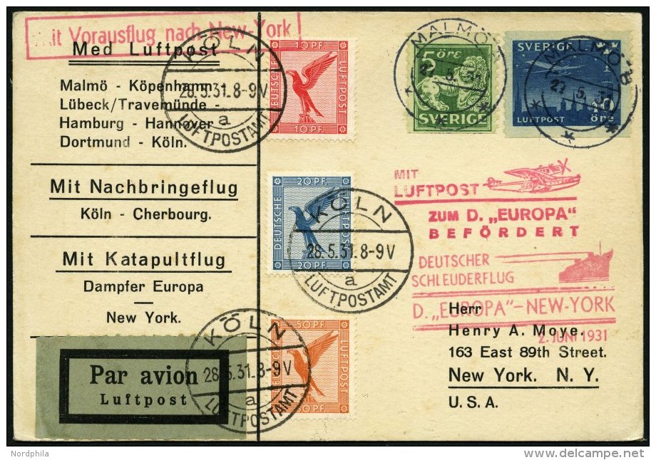 KATAPULTPOST 45cSW BRIEF, Mitl&auml;uferpost Aus Schweden: 2.6.1931, &amp;quot,Europa&amp;quot, - New York, Zweil&auml;n - Briefe U. Dokumente