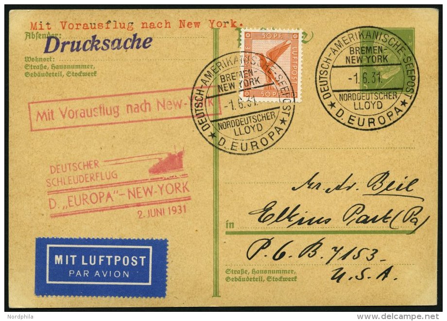 KATAPULTPOST 45b BRIEF, 2.6.1931, &amp;quot,Europa&amp;quot, - New York, Seepostaufgabe, Auf 5 Pf. Hindenburg - Ganzsach - Briefe U. Dokumente