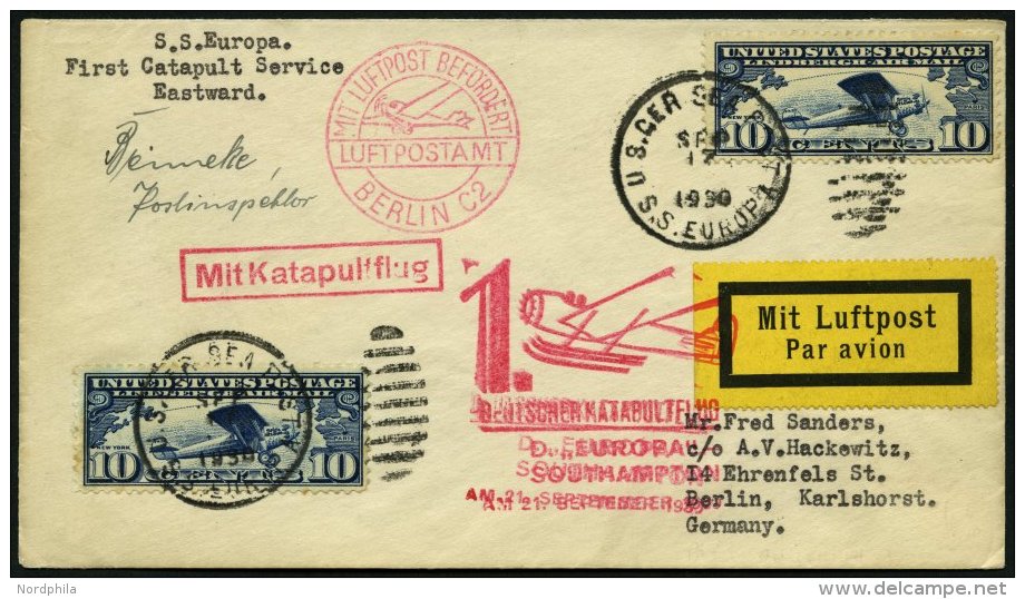 KATAPULTPOST 32b BRIEF, 22.9.1930, &amp;quot,Europa&amp;quot, - Southampton, US-Seepostaufgabe, Prachtbrief - Cartas & Documentos