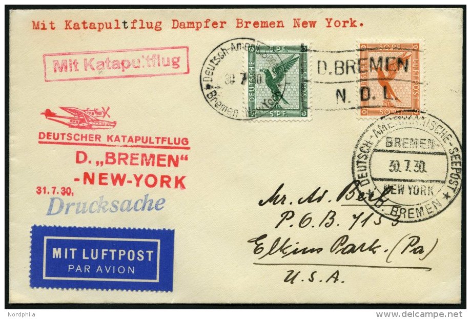KATAPULTPOST 20b BRIEF, 31.7.1930, &amp;quot,Bremen&amp;quot, - New York, Seepostaufgabe, Drucksache, Prachtbrief - Lettres & Documents