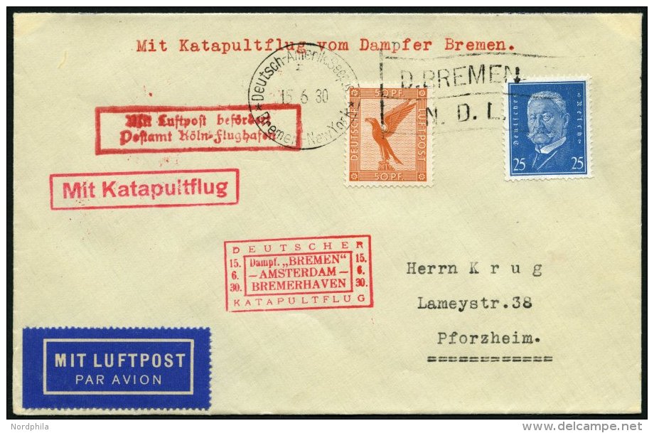 KATAPULTPOST 15c BRIEF, 16.6.1930, &amp;quot,Bremen&amp;quot, - Bremerhaven, Deutsche Seepostaufgabe, Prachtbrief - Cartas & Documentos