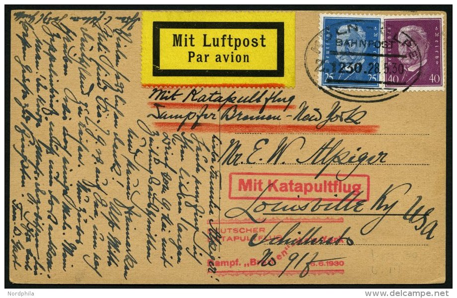KATAPULTPOST 14a BRIEF, 5.6.1930, &amp;quot,Bremen&amp;quot, - Boston, Landpostaufgabe, Mit Bahnpoststempel K&Ouml;LN-OL - Lettres & Documents