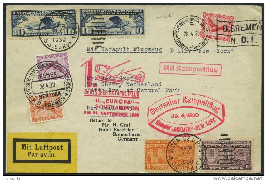 KATAPULTPOST 10b,32b BRIEF, 29.4.1930, Bremen - New York, Seepostaufgabe Und R&uuml;ckflug Europa - Southampton, US-Seep - Briefe U. Dokumente