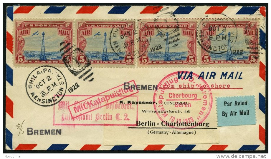 KATAPULTPOST 8a BRIEF, 10.10.1929, &amp;quot,Bremen&amp;quot, - K&ouml;ln, US-Landpostaufgabe, Prachtbrief - Cartas & Documentos