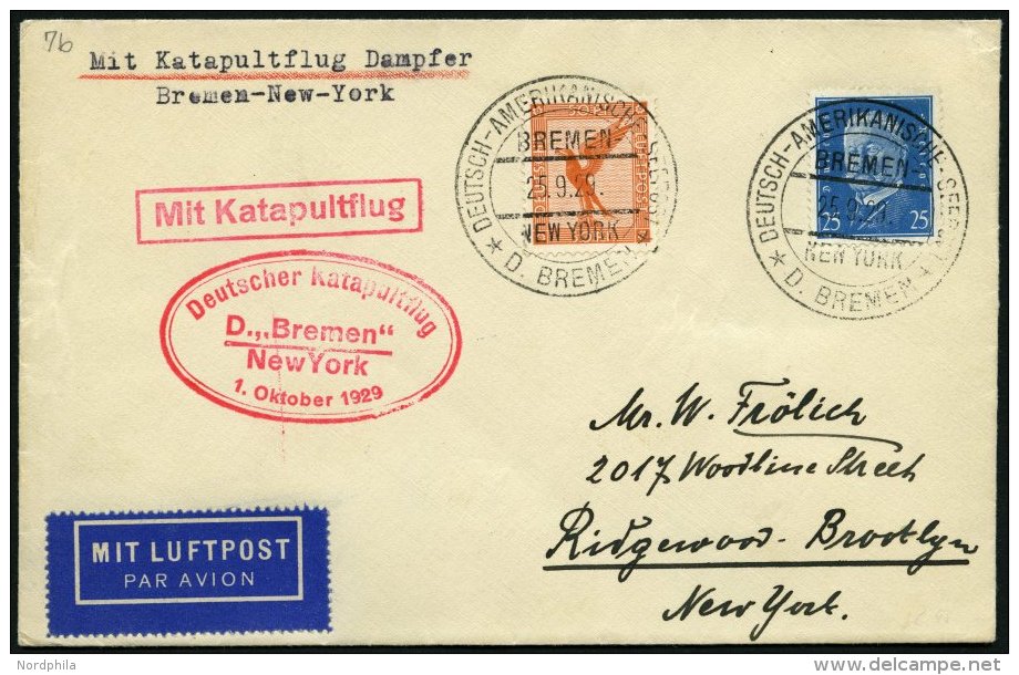 KATAPULTPOST 7b BRIEF, 1.10.1929, &amp;quot,Bremen&amp;quot, - New York, Seepostaufgabe, Prachtbrief - Briefe U. Dokumente