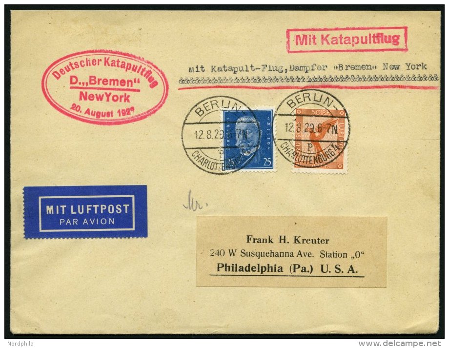 KATAPULTPOST 3a BRIEF, 20.8.1929, &amp;quot,Bremen&amp;quot, - New York, Landpostaufgabe, Prachtbrief - Cartas & Documentos