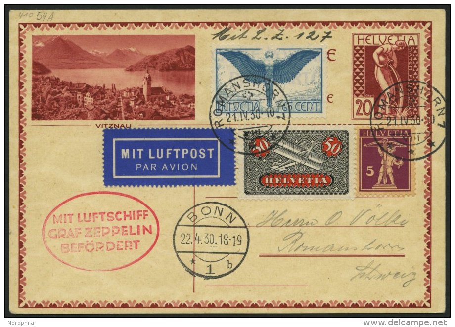 ZULEITUNGSPOST 54 BRIEF, Schweiz: 1930, Landungsfahrt Nach Bonn, Prachtkarte - Luft- Und Zeppelinpost