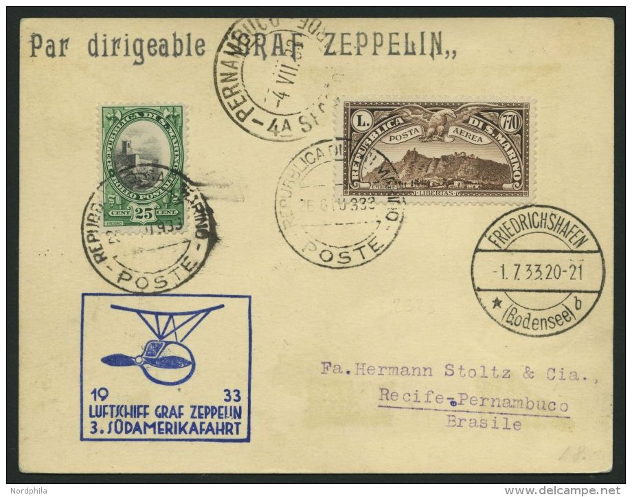 ZULEITUNGSPOST 219 BRIEF, San Marino: 1933, 3. S&uuml;damerikafahrt, Prachtkarte - Zeppelines