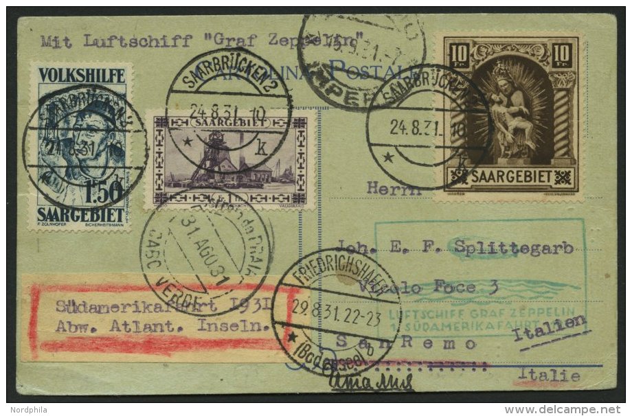 ZULEITUNGSPOST 124Aa BRIEF, Saargebiet, 1931, 1. S&uuml;damerikafahrt, Abwurf Kap Verde, Sog. Splittegard-Beleg, Karte F - Luft- Und Zeppelinpost