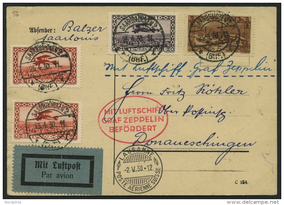 ZULEITUNGSPOST 56 BRIEF, Saargebiet: 1930, 2. Schweizfahrt, Prachtkarte - Correo Aéreo & Zeppelin