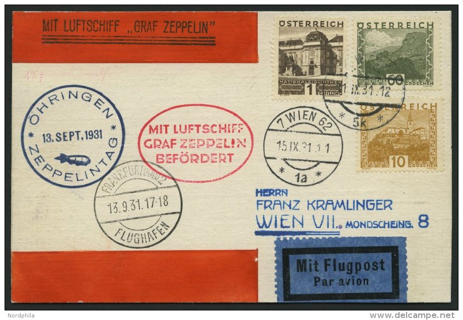 ZULEITUNGSPOST 128A BRIEF, &Ouml;sterreich: 1931, Fahrt &Ouml;hringen-Frankfurt Am Main, Prachtkarte - Zeppeline