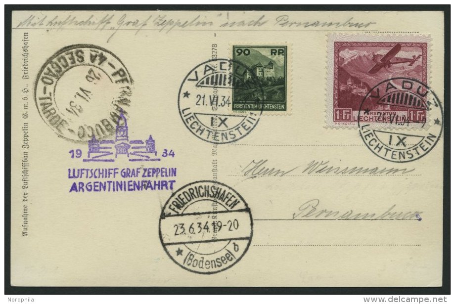 ZULEITUNGSPOST 254 BRIEF, Liechtenstein: 1934, Argentinienfahrt, Prachtkarte Mit Guter Frankatur - Zeppelines