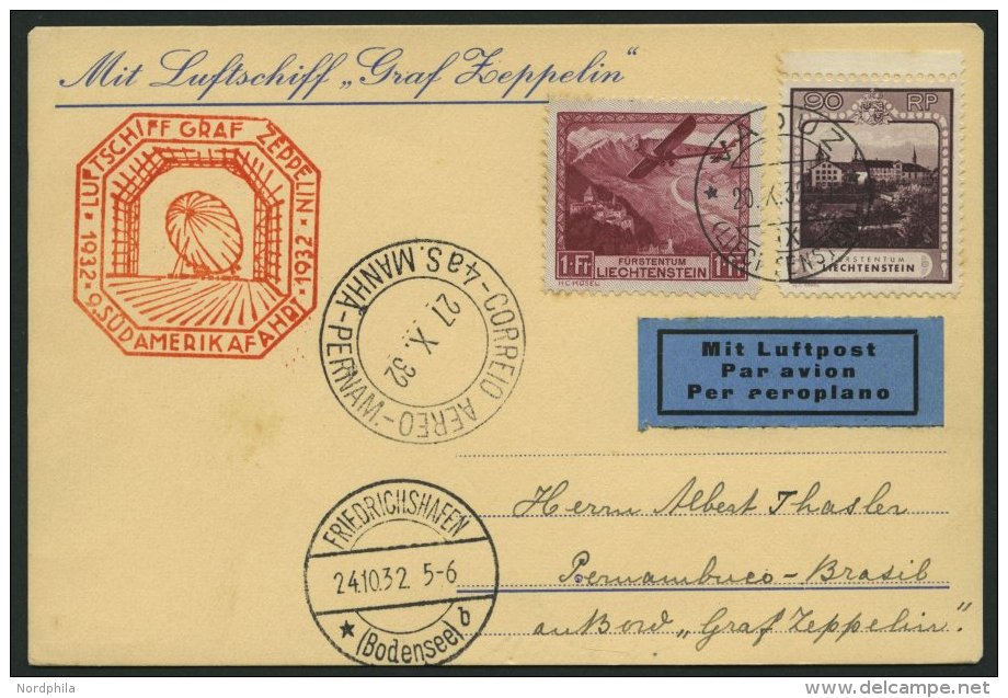 ZULEITUNGSPOST 195 BRIEF, Liechtenstein, 1932, 9. S&uuml;damerikafahrt, Prachtkarte Mit Guter Frankatur - Zeppelines