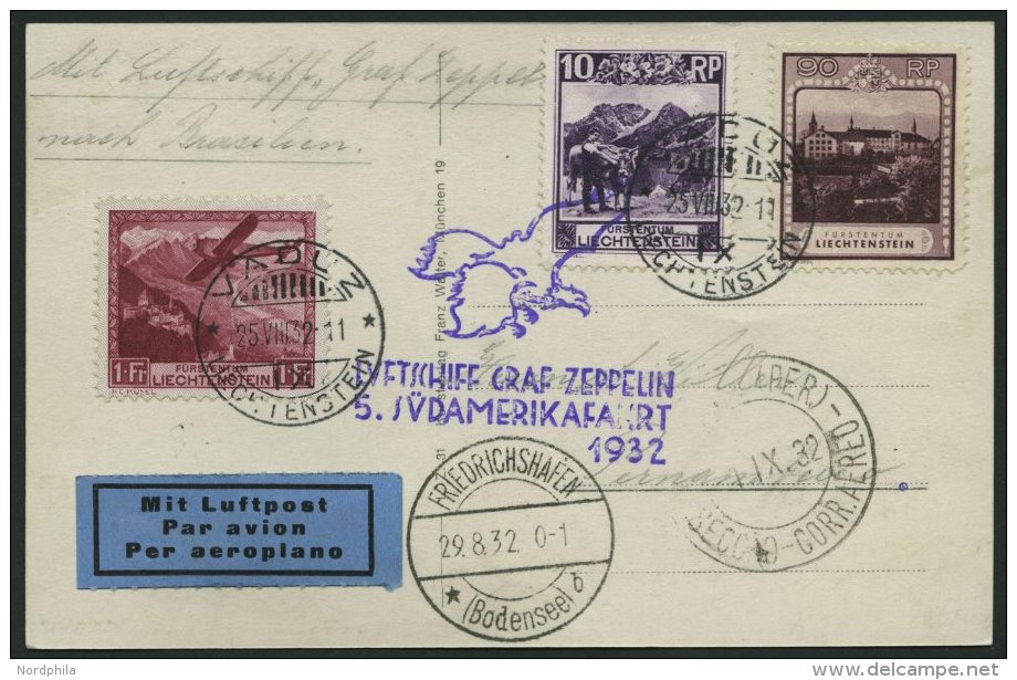 ZULEITUNGSPOST 171 BRIEF, Liechtenstein: 1932, 5. S&uuml;damerikafahrt, Gute Frankatur, Prachtkarte - Zeppelines