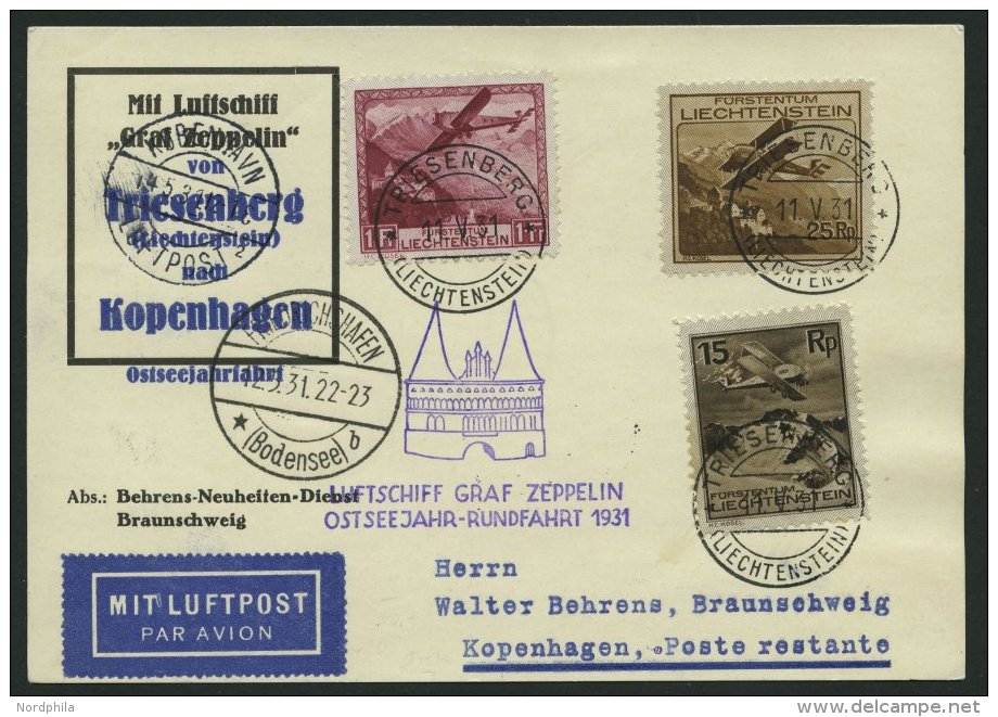 ZULEITUNGSPOST 108 BRIEF, Liechtenstein: 1931, Ostseejahr-Rundfahrt, Abwurf Kopenhagen, Prachtkarte - Zeppelines