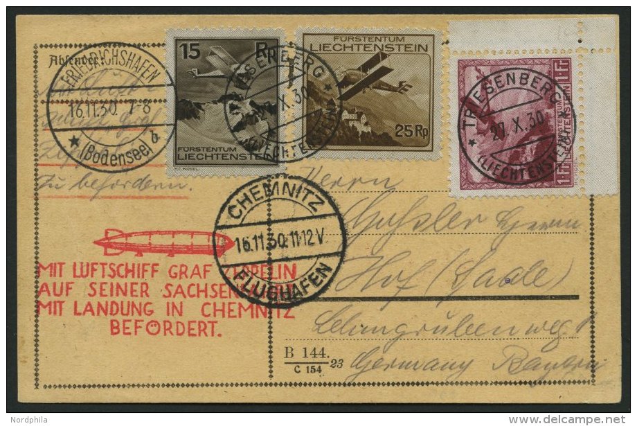 ZULEITUNGSPOST 100 BRIEF, Liechtenstein: 1930, Fahrt Nach Chemnitz, Prachtkarte - Zeppelines