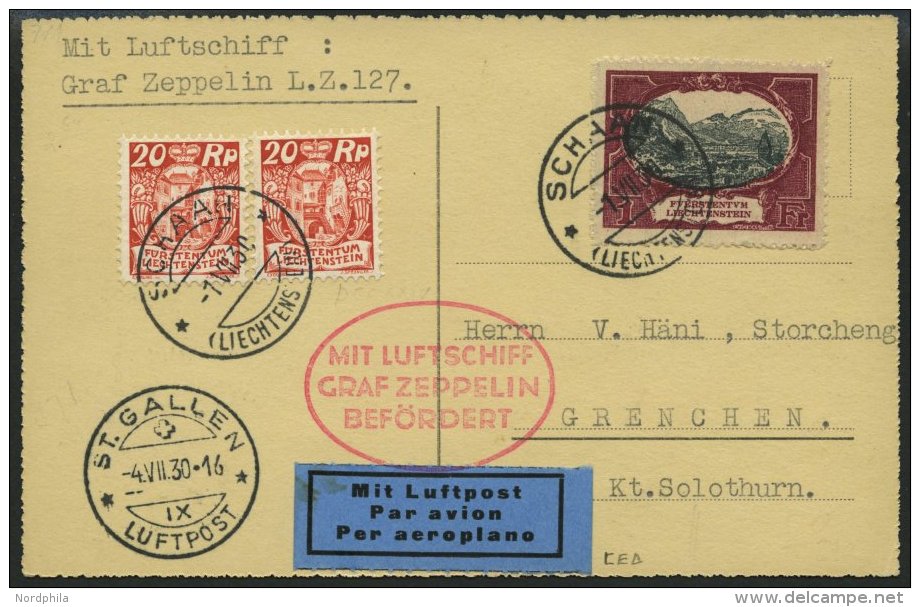 ZULEITUNGSPOST 71A BRIEF, Liechtenstein: 1930, Schweizfahrt, Abwurf St. Gallen, Frankiert Mit Mi.Nr. 60, Prachtkarte, R! - Luft- Und Zeppelinpost