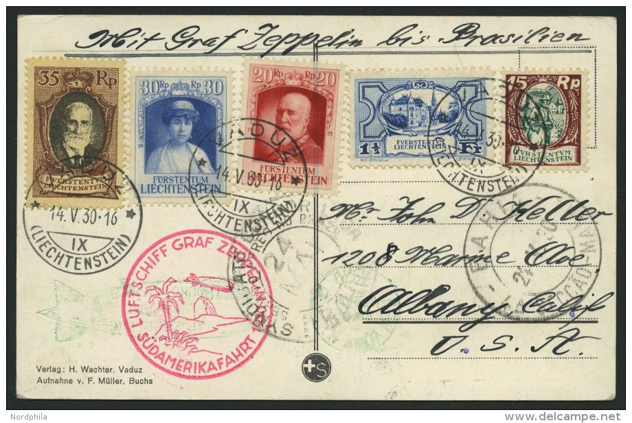 ZULEITUNGSPOST 57D BRIEF, Liechtenstein: 1930, S&uuml;damerikafahrt, Bis Bahia, Gute Frankatur, Prachtkarte - Zeppeline