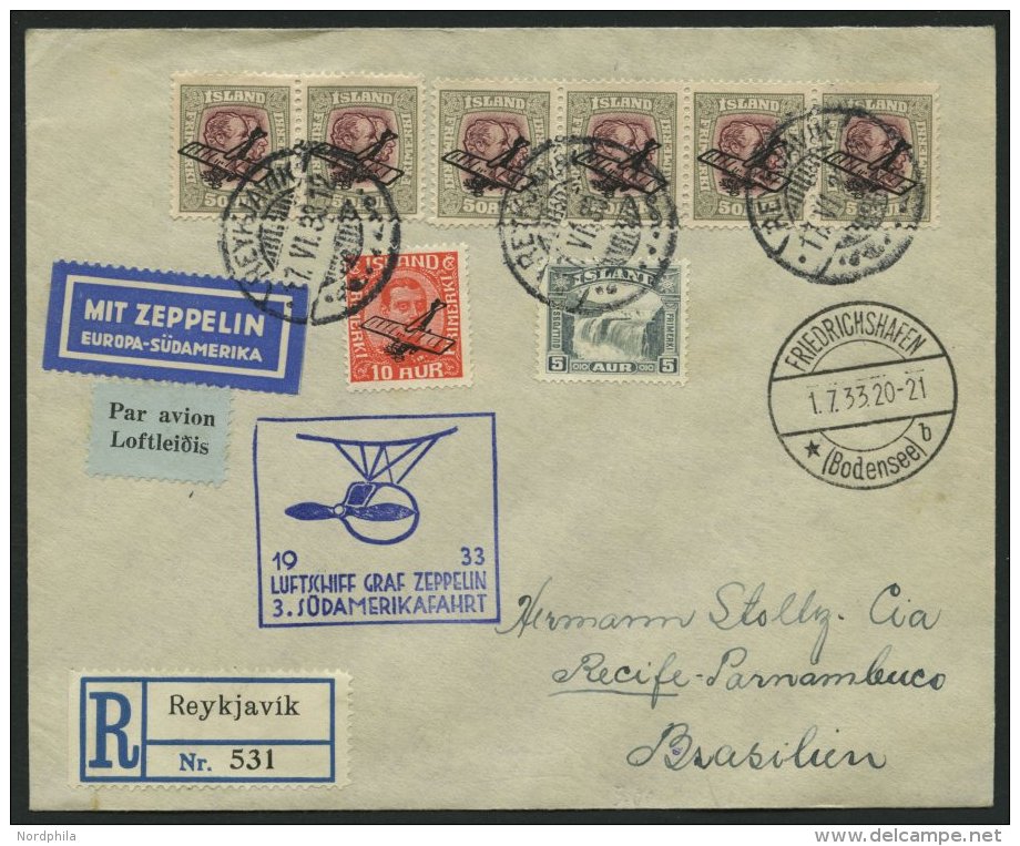 ZULEITUNGSPOST 219 BRIEF, Island: 1933, 3. S&uuml;damerikafahrt, Mit Guter Frankatur (u.a. 6x Mi.Nr. 123!), Einschreibbr - Zeppeline