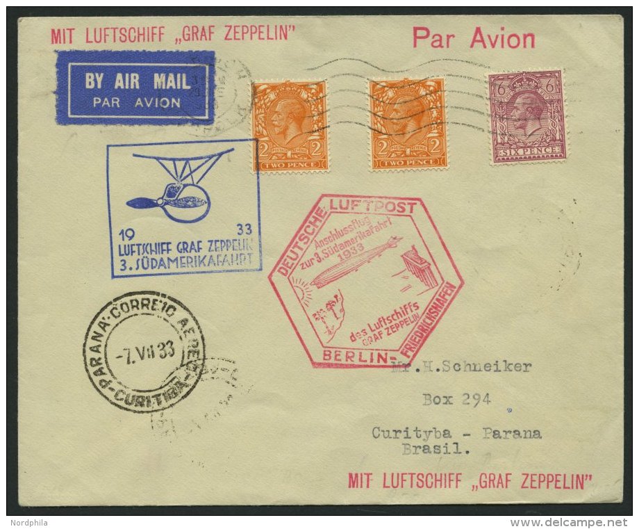 ZULEITUNGSPOST 219B BRIEF, Gro&szlig;britannien: 1933, 3. S&uuml;damerikafahrt, Anschlu&szlig;flug Ab Berlin, Prachtbrie - Zeppelins