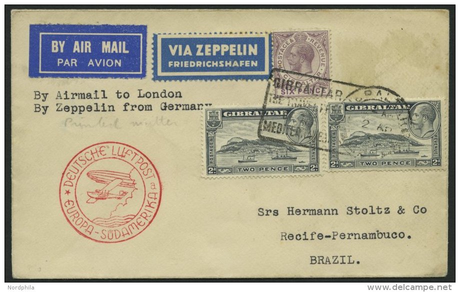 ZULEITUNGSPOST 290Bb BRIEF, Gibraltar: 1935, 1. S&uuml;damerikafahrt, Nachbringeflug Ab Berlin, Prachtbrief - Airmail & Zeppelin